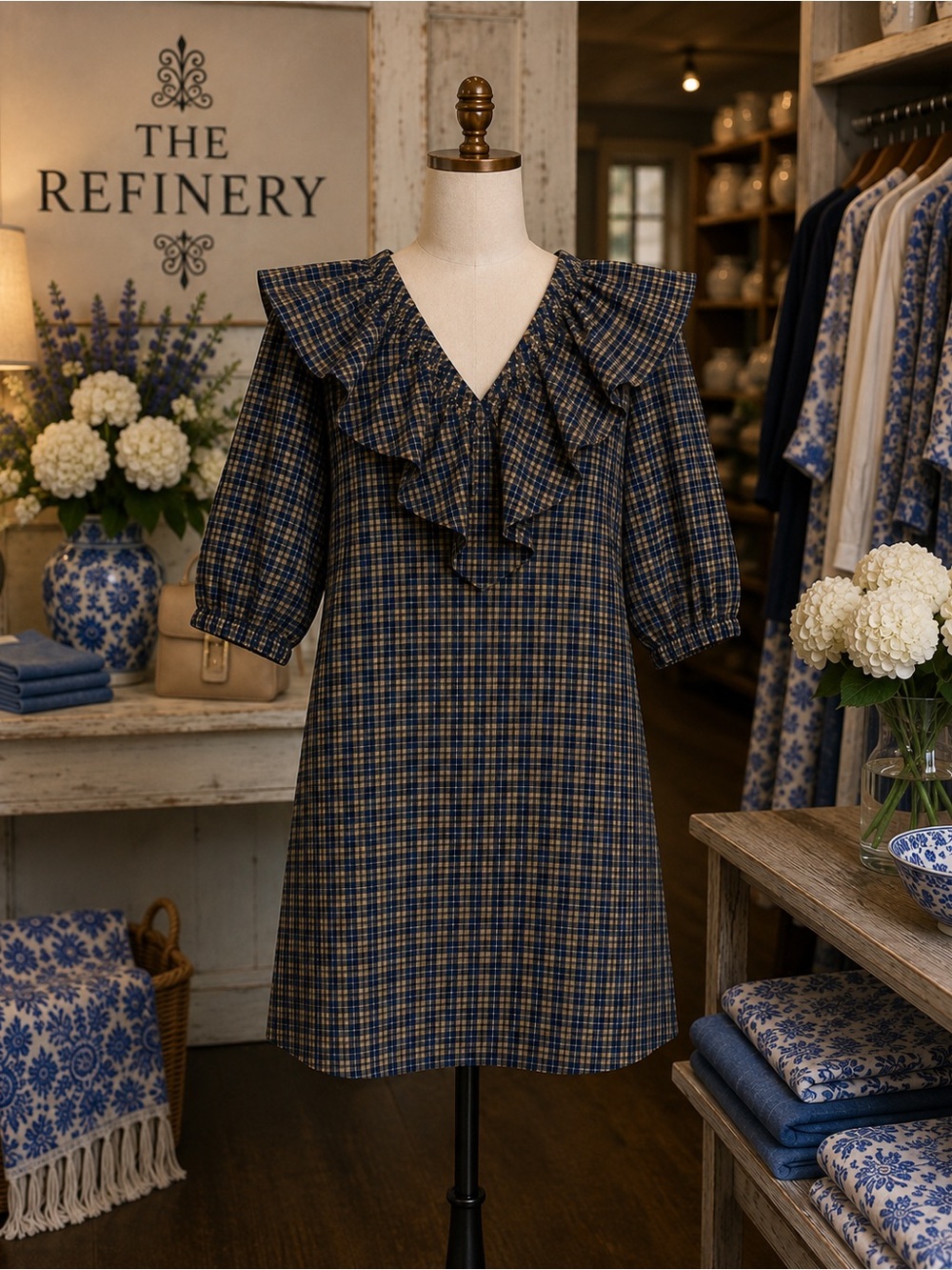 SEDGE- Morgan dress plaid v neck ruffle NWT